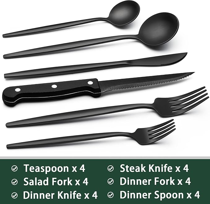 EWFEN 24-Piece Black Silverware Set with Steak Knives, Black Flatware Set for 4, Food-Grade Stainless Steel Tableware Cutlery Set, Mirror Finished Utensil Sets for Home Restaurant, Long Edge - Image 2