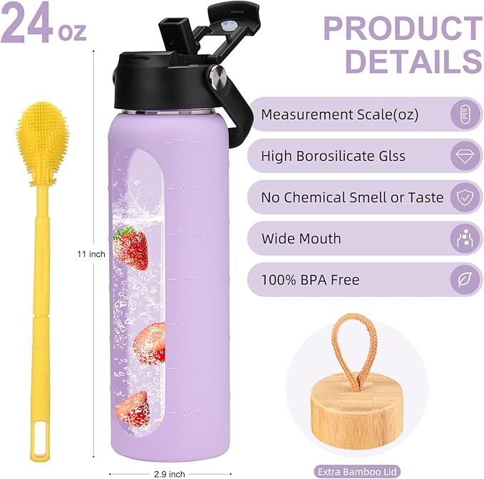 24 oz Glass Water Bottle with 2 Lids-Handle Straw Lid & Bamboo Lid,1 Liter Motivataional Tumbler Water Bottle Time Marker, Borosilicate Glass Water Bottles With Silicone Sleeve, Leakproof