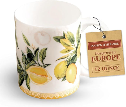 Maison d' Hermine Coffee Mug with Handles Tea Cups (12 Ounce, Pack of 1) | Fine Bone China Coffee Mugs for Hot Beverages Cappuccino Latte Home Restaurant Hotel Spring Summer -Limoncello - Verna by MaisondHermine