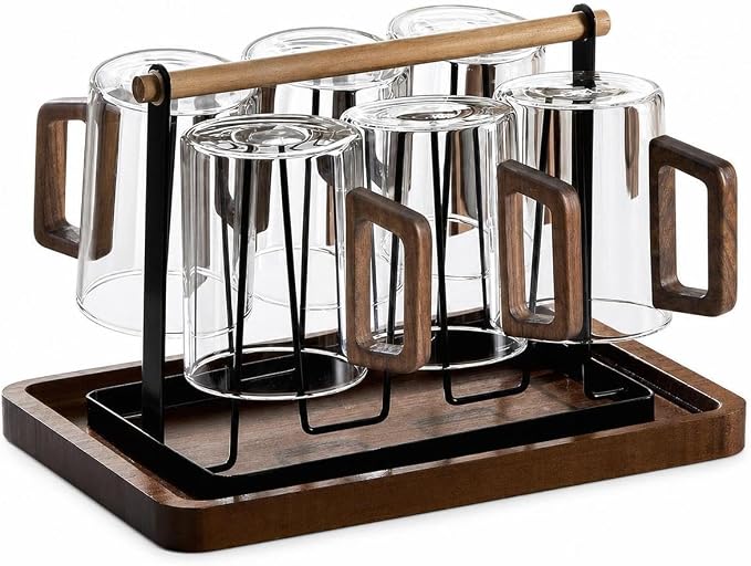 Borosilicate Glassware Set - Heat Resistant Drinking Glasses Set for Hot and Cold - for Home Use, Transparent wooden handle cups (300ML)*6 + wooden handle cup holder + tray by Unknown