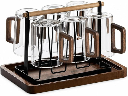 Borosilicate Glassware Set - Heat Resistant Drinking Glasses Set for Hot and Cold - for Home Use, Transparent wooden handle cups (300ML)*6 + wooden handle cup holder + tray by Unknown