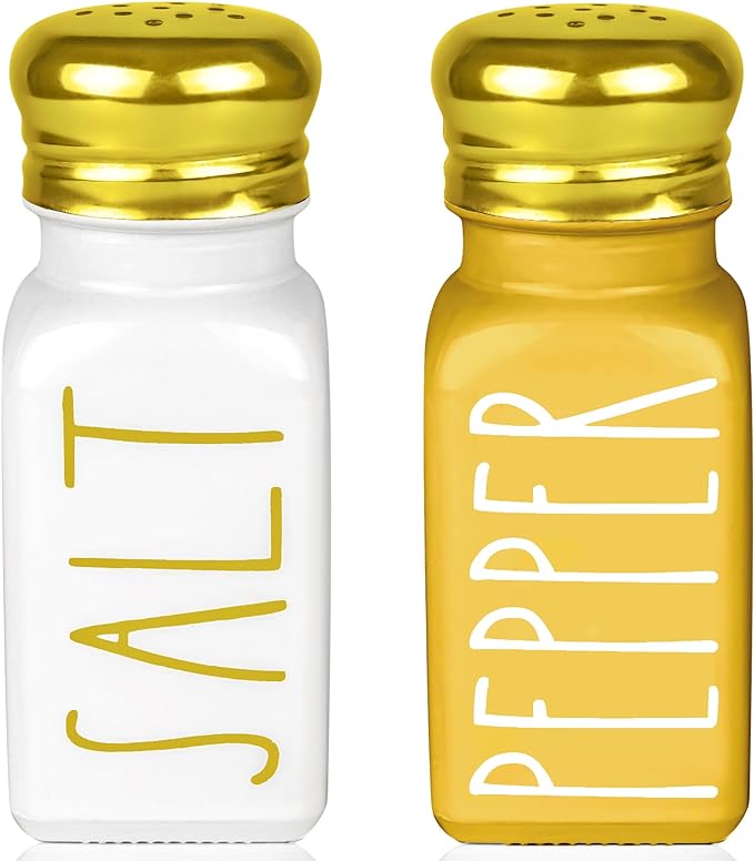 Farmhouse Gold Salt and Pepper Shakers Set by Brighter Barns - Glass Shakers & Stainless Steel Lid - Modern Farmhouse Decor for Restaurant, Airbnb, Wedding, Gifts - Luxury Kitchen Accessories (Gold) by BrighterBarns