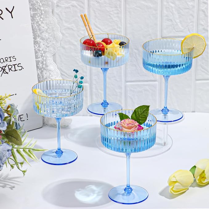 12 PCS Plastic Champagne Coupe Cup Ocean Blue Ribbed Coupe Glasses 10oz Detachable Gold Rim Espresso Martini Glass Vintage Margarita Glassware Cocktail Glass Set for Baby Shower Hanukkah - Image 3