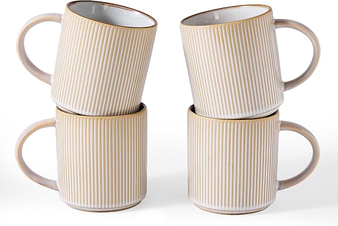 famiware Coffee Mug Set for 4, Star 16 oz Catering Mugs Cup Set with Handle for Coffee, Tea, Cocoa, Milk - Ceramic Stoneware Drinkware Set, Cappuccino White by Famiware