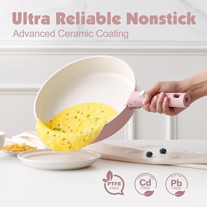 SENSARTE 24 Piece Ceramic Detachable Handle Pots and Pans Set Pink | Ceramic Cookware Set, Induction Cookware Set with Removable Handle, Healthy Non Stick for RV, Dishwasher ＆ Oven Safe - Image 4