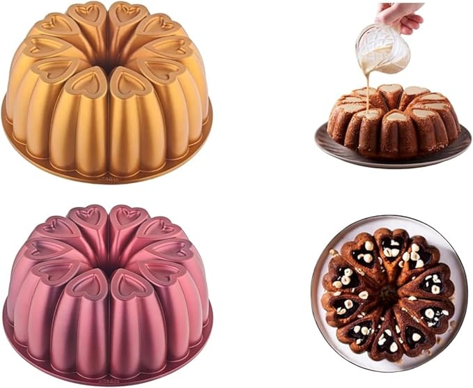 Heart Shape Aluminum Cake Pan, Titanium Coating, Non-Stick, 12 Cups, Gifts for Mom, 10 Inch Baking Mold, Cast Aluminum Fluted Tube Pan, Easy to Clean (2-Pack, Red-Gold) by MIENCA