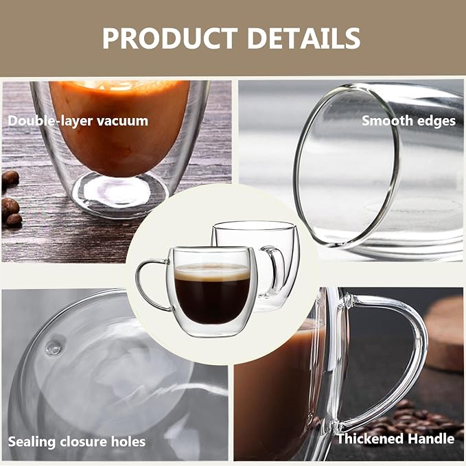 DINGPAI 4 Pack Double Wall Glass Coffee Mugs, 8oz Borosilicate Glass Mug | Heat-resistant, Cappuccino Espresso Tea Latte Cup with Handle, 4 Spoons for Stirring Beverages in Bar, Cafe, or at Home - Image 3