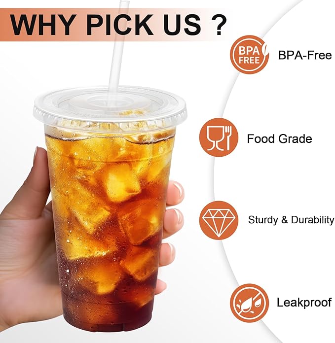 Lamosi 100 Pack 24 oz Clear Plastic Cups with Lids and Straws, Disposable Plastic Coffee Cups with Lids for Iced Coffee, Cold Beverages, Smoothies and To-Go Drinks