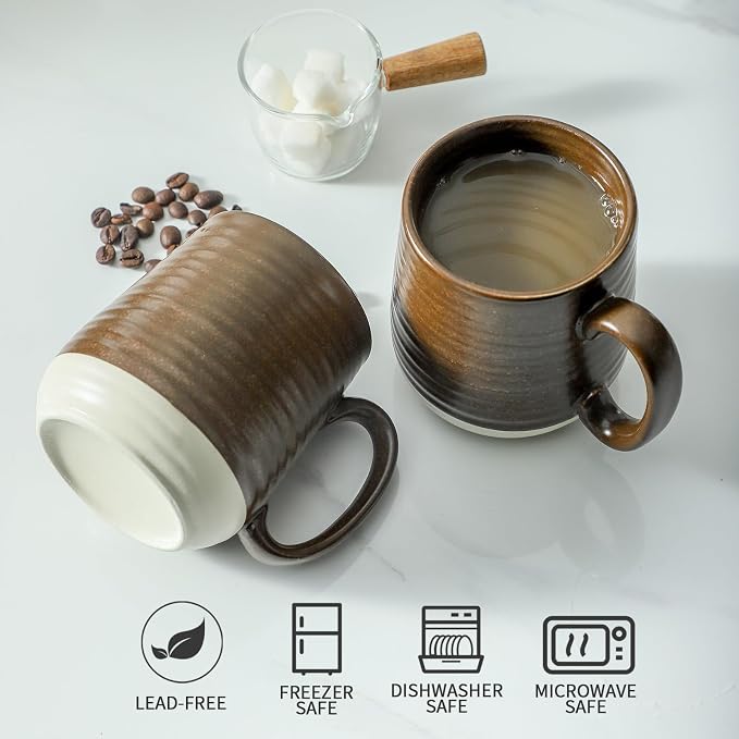Hasense Coffee Cups Set of 6, 15 oz Stoneware Coffee Mugs with Big Handles, Modern Tea Cup for Indoor and Outdoor for Cocoa, Milk, Tea, Hot Chocolate, Soup, Valentine's Day Gifts, Brown - Image 4