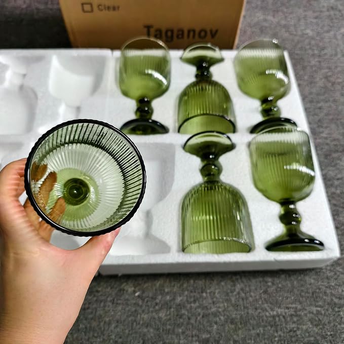 Taganov Green Drinking Glasses set of 6 Big Wine Goblets Vintage Colored Glassware 13 oz for Wedding Party Bar Vertical Line Embossed Pattern Stemmed Cups 400ml - Image 3