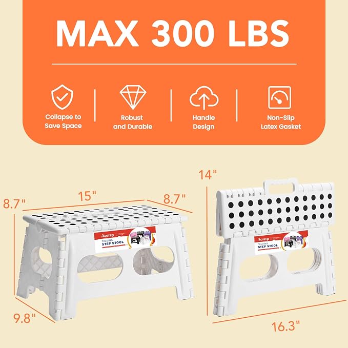 ACSTEP 9 Inch Folding Step Stool, 15 Inch Extra-Wide, 300 lbs, White | Non-Slip Heavy Duty Foldable Step Stool for Kids and Adults, Extra-Wide for Comfort and Stability, for Bathroom and Kitchen - Image 2