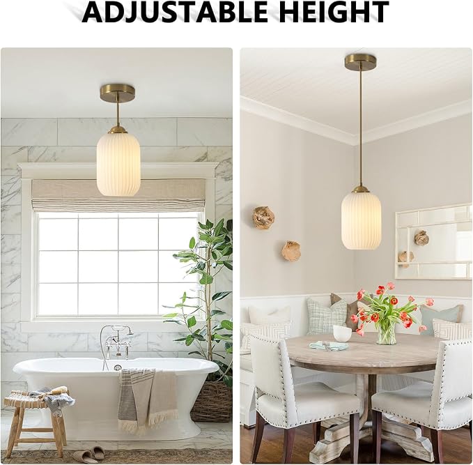 KCO Lighting Brass Gold Mini 5.5” Ribbed Cylinder White Glass Pendant Light | Adjustable Cord E26 Hardwired Hanging Lamp Mid Century Modern Vintage Hanging Light for Kitchen Island Bedroom Dining Room - Image 8
