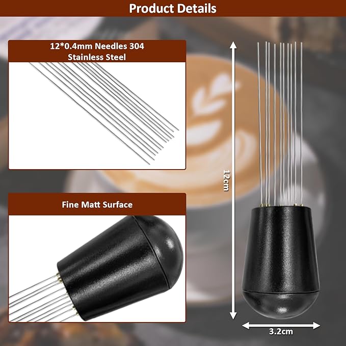 WDT Espresso Distribution Tool, WDT tool, 0.4mm 12 Needle Espresso Stirrer Tools, 304 Stainless Steel Needles with Stand, Espresso Coffee Distributor for Barista (Matte black)