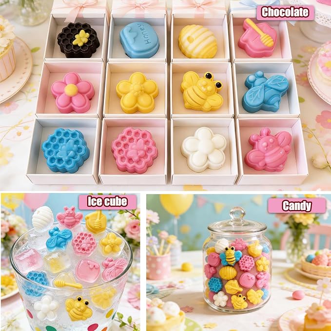 2Pack Bee Silicone Molds for Chocolate, Honey Bee Chocolate Mold Honeycomb Silicone Candy Molds Flower Honey Pot Shapes for Candy, Jelly, Sugar, Gummy, Cake Decoration, Fondant, DIY Ice Cube Tray - Image 4