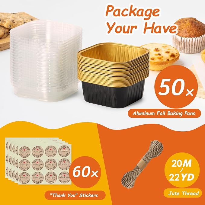 Mini Square Baking Cups with Lids, 50 Pcs 5oz Aluminum Foil Cupcake Tins with Lids, Disposable Ramekins Flan Cake Pans Tins for Souffle, Dessert, Valentine, Wedding, Party Small Cake Containers - Image 6