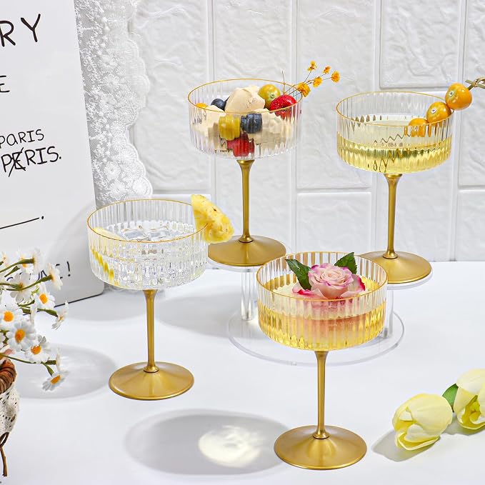 24 PCS Ribbed Coupe Glasses with Gold Stem Clear Plastic Champagne Coupe Cup 10oz Detachable Gold Rim Espresso Martini Glass Vintage Margarita Glassware Cocktail Glass for Christmas - Image 3