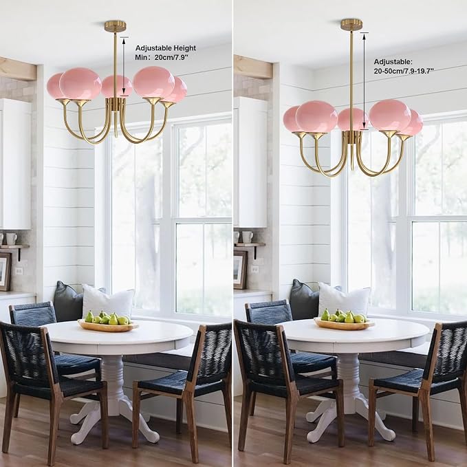 5-Light Pink Glass Ceiling Light Brass Gold Globe Pendant Light Modern Pink Bubble Chandelier Girls Bedroom Chandelier Light Fixture - Image 7