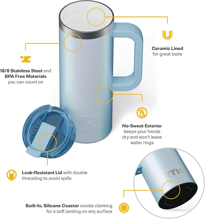 RTIC 20oz Road Trip Travel Mug with Lid and Handle, Ceramic Lined, Insulated, Stainless Steel, Metal, Double Wall Vacuum-Insulation, Portable Coffee, Tea Cup for Hot and Cold Drink, RTIC Ice Glitter - Image 3