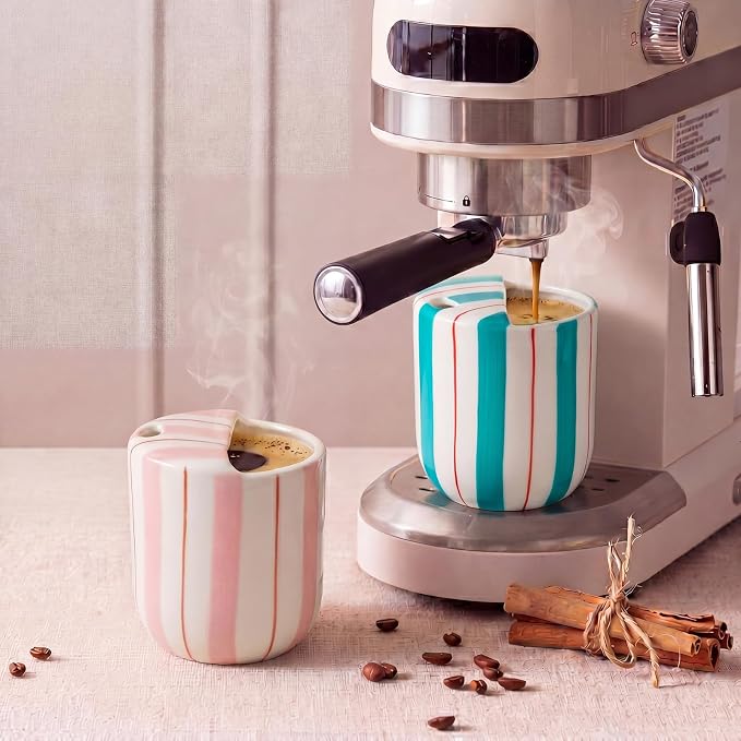 2 Pcs Ceramic Mug with Sip Hole 10 oz Pink Turquoise Striped Ceramic Coffee Mug Hand Painted Travel Mugs Heat Resistant Non Slip Built in One Lid Mugs for Coffee Lovers Appreciation Gift - Image 4