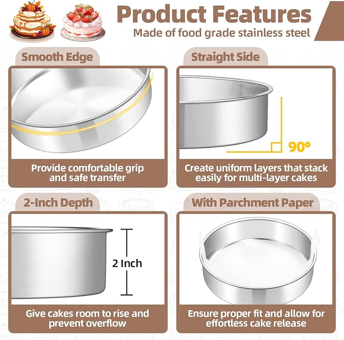TeamFar 8 Inch Cake Pan Tins Set of 2, with 90 Pcs Parchment Paper | Stainless Steel Round Layer Cake Bakeware for Birthday Wedding, Non-Toxic & Easy Release, Mirror Finish & Dishwasher Safe - Image 3