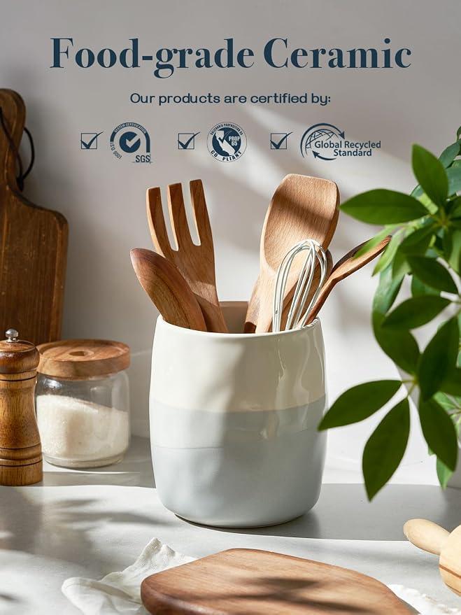 DOWAN Utensil Holder, 6.5″ Large Utensil Holder for Kitchen Counter, Ceramic Utensil Crock with Table-Protection Cork Mat, Utensil Organizer Caddy for Tongs, Spoons - Image 3
