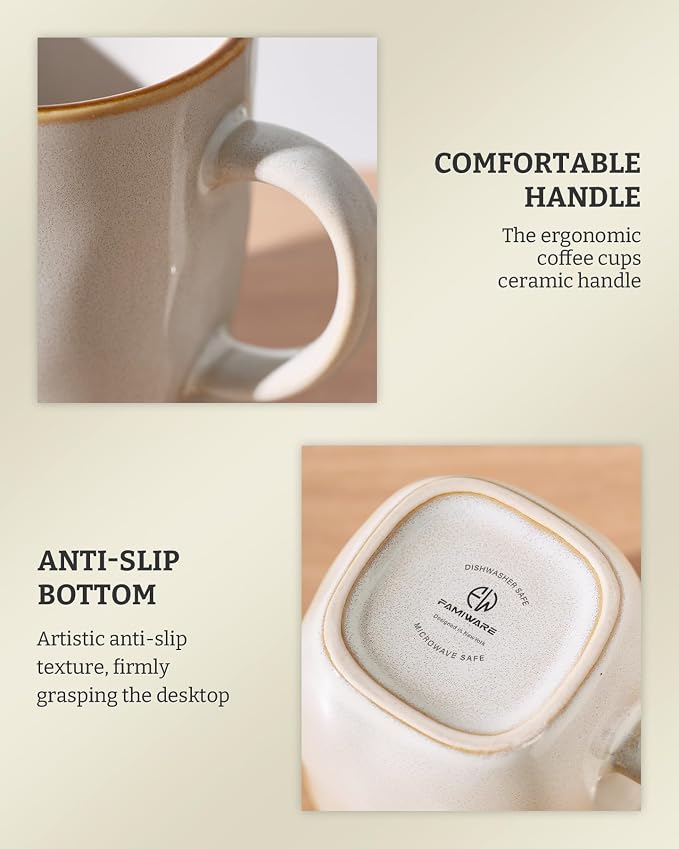 famiware Coffee Mugs Set of 8, Ocean Square 13oz Coffee Cup Set with Handle for Cocoa, Milk, Hot Chocolate, Tea, Water, Stoneware Cups for Kitchen, Microwave and Dishwasher Safe, Cappuccino White - Image 7