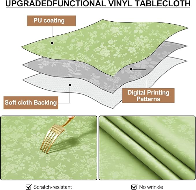 Smiry Square Waterproof Heavy Duty Vinyl Tablecloths, 54 x 54 Inch | Wipeable Washable Floral Embossed Table Cover for Kitchen and Dining Room, Indoor & Outdoor Use, Sage Green - Image 6