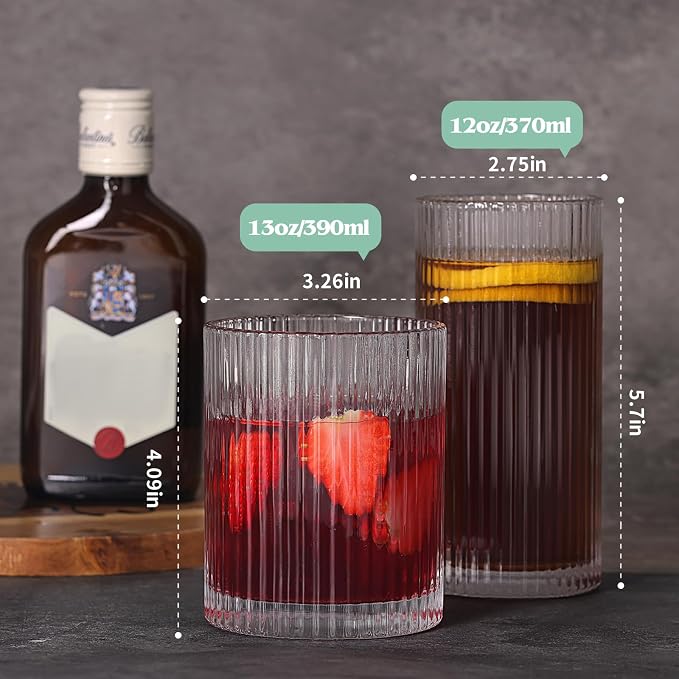 Moretoes Ribbed Drinking Glasses Set of 12,Water Glass Cups | Mixed Glassware Set,6 Highball Glasses 12 Oz, 6 Rocks Glass 13 Oz, Kitchen Bar Tumbler for Wine, Juice, Ice Coffee, Whiskey - Image 3