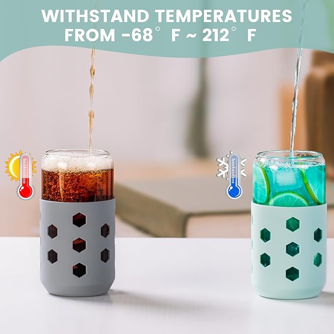 Glass Cups with Lids and Straws (4 Pcs), 16oz Drinking Glasses Set with Silicone Sleeves for Coffee Bar Accessories Iced Coffee Cups with Lids, Glass Tumbler Reusable for Gifts