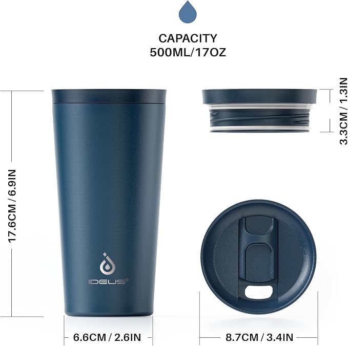 Ideus 17 oz Travel Coffee Mug, Double Wall Vacuum Stainless Steel Insulated Coffee Tumbler With Lid, Splash-Proof & Cup Holder Friendly, Keeps Drinks Hot/Cold, Dishwasher Safe, Navy - Image 8