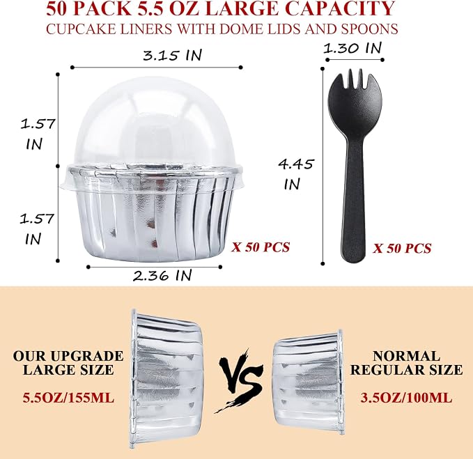 50 Pack Foil Cupcake Liners with Dome Lids,LNYZQUS 5oz Large Cupcake Cups,Disposable Muffin Tins Ramekins Pans Baking Cups Wrappers Holders-Silver - Image 3