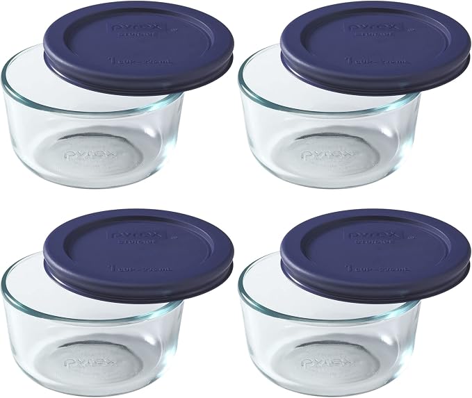 Pyrex 7202 (1-Cup) Glass Bowl with Dark Blue Lid (4-Pack) - Made in USA | BPA-Free Plastic Lid | Round Shape | Food Storage Replacement | Refrigerator & Freezer Safe | Resists Stains And Odors by Pyrex