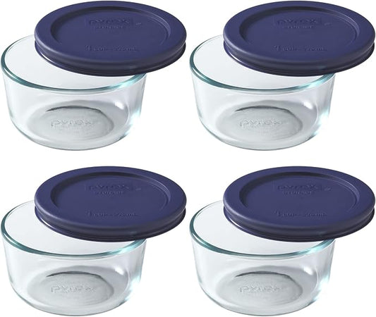 Pyrex 7202 (1-Cup) Glass Bowl with Dark Blue Lid (4-Pack) - Made in USA | BPA-Free Plastic Lid | Round Shape | Food Storage Replacement | Refrigerator & Freezer Safe | Resists Stains And Odors by Pyrex
