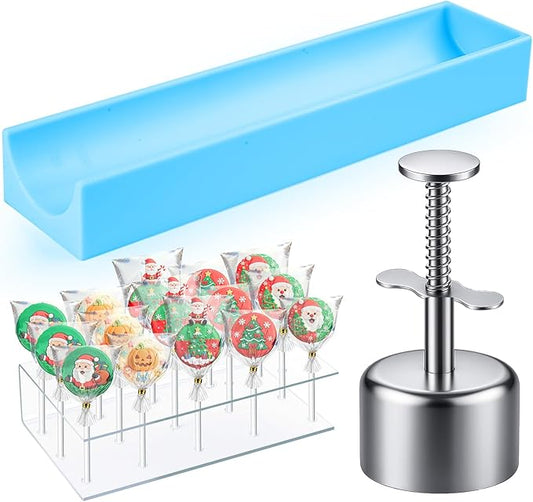 All-in-One Cake Pop Mold Set with 9 Inch Silicone Tray, Coinicxcel Stainless Steel Round Cake Pop Cutter and Pusher, Acrylic Stand, Sticks, Wrappers, Twist Ties, Baking Molds Kit for Christmas Gifts