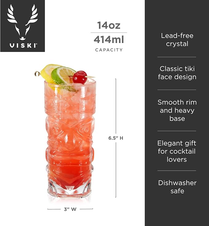 Viski Pacific Tropical Tiki Glasses Set of 2 - Premium Crystal Clear Glass Tumbler, Stylish Tiki Glassware Bar Accessories and Cocktail Glass Gift Set, 14 oz - Image 3