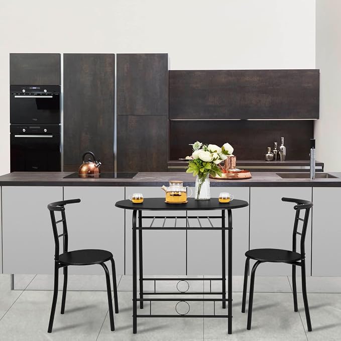 VINGLI 3 Piece Dining Set,Small Kitchen Table Set for 2,Breakfast Table Set,Kitchen Wooden Table and 2 Chairs for Small Space/Dining Room/Apartment,Metal Frame,Wine Rack,Black - Image 4