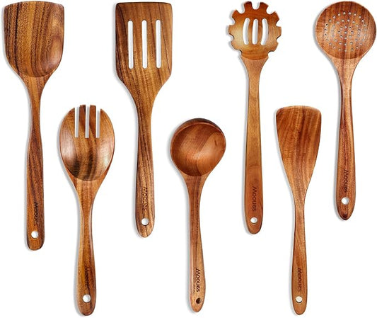 Mooues Wooden Kitchen Utensil Set, 12 Piece Natural Teak with Spoon Rest | Wooden Cooking Utensils with Comfort Grip, Smooth Durable Heat Resistant Cooking Spoons and Utensils Holder for Cooking by Mooues