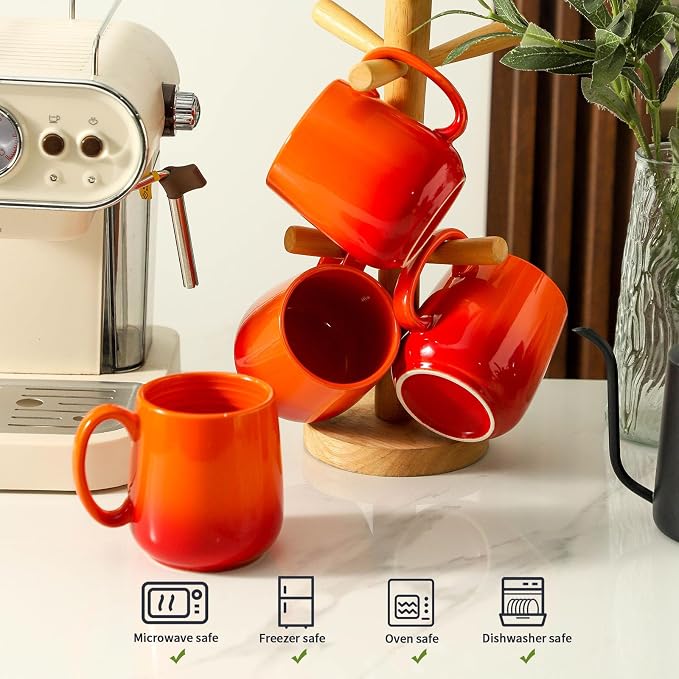HASENSE Set of 4 Ombre Coffee Mugs, 15oz Large Ceramic Cups – Dishwasher & Microwave Safe, Orange Gradient Cappuccino Latte Tea Handle Cup, Housewarming Gift - Image 3