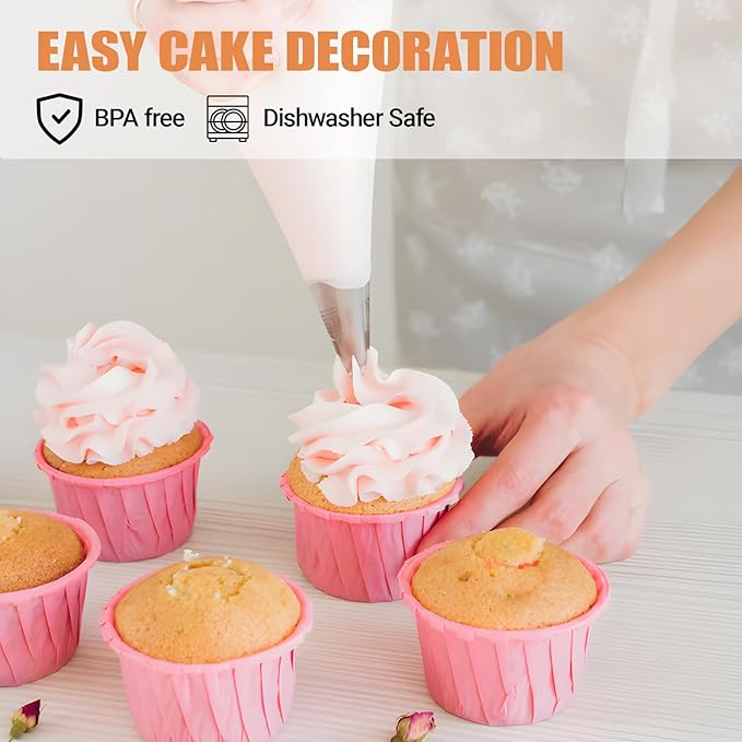 5PCS Piping Tips, Stainless Steel Cake Decorating Tips, Suitable for Pastry Fondant Cupcakes, with 50PCS Piping Bags, 1PCS Cleaning Brush