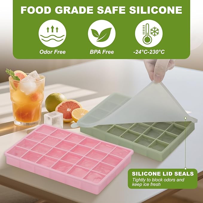 Silicone Ice Cube Tray, Easy Release Flexible Ice Cube Tray with Removable Lid, 24 Ice Cub Per Tray for Whiskey, Freezer, Cocktail, Reusable & BPA Free (Pink+Green)
