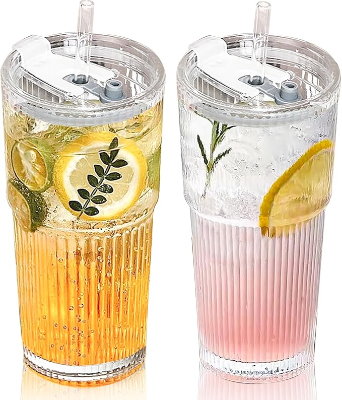 20 oz Glass Tumbler with Lid and Straw, 2 Pack Clear Ribbed Iced Coffee Cup, High Borosilicate Glass Tumbler, Reusable Vintage Glassware for Iced Coffee, Smoothies, Cocktails, and Juices (Pattern)