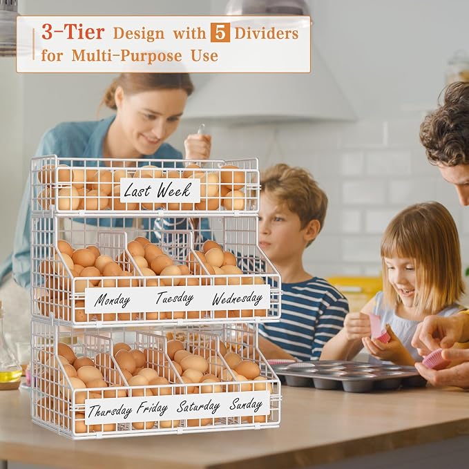 Egg Holder Countertop with 5 Dividers & DIY Nameplate to Separate Eggs | 3 Tier Stackable Wire Storage Baskets for Gathering Fresh Eggs, Wall-Mounted XXL Egg Rack, White (Patent Pending) - Image 6