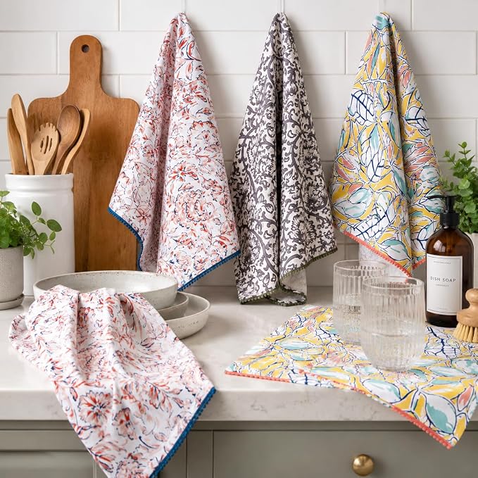 TARAN LIVING Printed Kitchen Dish Bar and Tea Towels Cotton, 18x28 inch with Trims, Cotton Dish Towel Sets (Multicolor, Set of 3) - Image 3
