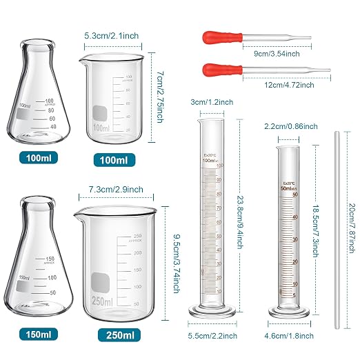 Frienda 10 Pcs 100/250ml Glass Beaker Set, 3.3 Borosilicate Low Form Griffin Lab Glassware Include Graduated Cylinder, Beaker, Dropper, Stirring Rod, Measuring Cups for Lab Chemistry - Image 2