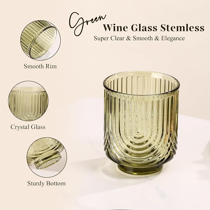 Green Vintage Drinking Glasses Set of 6-15oz Hand-Blown Highball Ribbed Glassware, Arch Design Cocktail Glasses for Whiskey Water Beverages Ice Coffee Juice Milk - Image 4