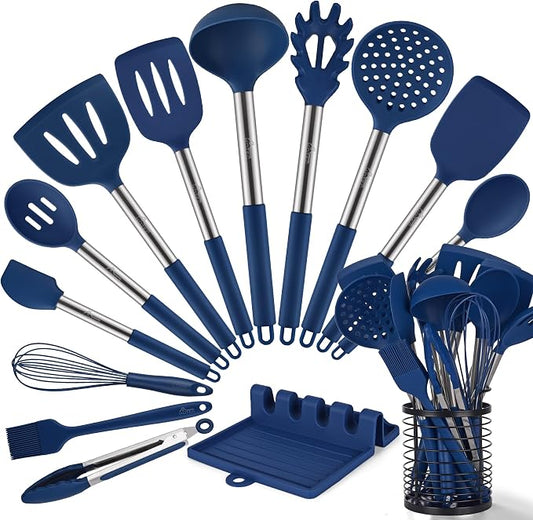 HOTEC 446°F Heat Resistant Silicone Kitchen Utensils, BPA Free Cooking Utensil Set, Spatula Set, Kitchen Gadgets, with Stainless Steel Utensils Holder, Dishwasher Safe, 14pcs Classic Blue by Hotec