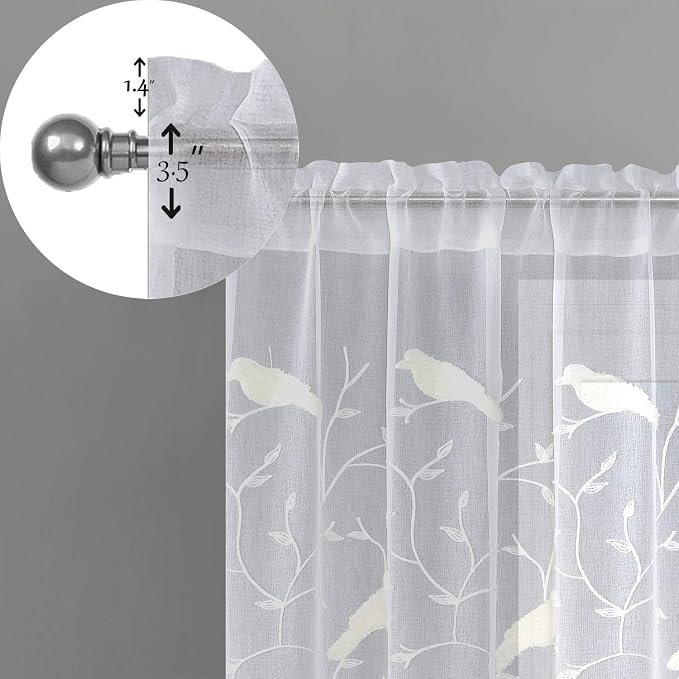 White Rod Pocket Sheer Curtains 102 inches Long Birds Embroidered Window Curtain Sheer Voile Panels for Living Room & Bedroom, Set of 2 | Airy Voile Fabric, Soft Natural Light, Country Home Decor, for Living Room and Bedroom - Image 4