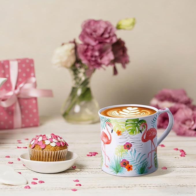 Flamingo Coffee Mug, Pink Flamingo & Tropical Plants Ceramic Mug, 12oz New Bone China Tea Mug, Birthday & Summer Gift for Women & Girls, Designed in England by Harvest Green Studio - Image 3