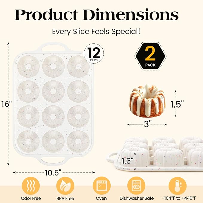 Vinino 3 Inch Silicone Mini Fluted Tube Cake Pans, 2 Pack with Metal Frame | 12-Cavity Mini Cake Mold Set for Batch Baking, Perfect for Flan, Donuts, Muffins, Brownies & Desserts - Image 4