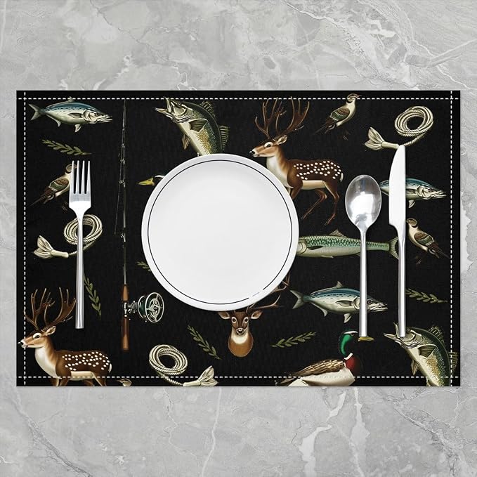 Feelyou Hunting and Fishing Placemats Set of 4 Deer Hunting Table Mats Rustic Cabin Lake House Place Mat for Kitchen Dining Table Party Decor Indoor Outdoor 18"x12" Non-Slip Easy to Clean - Image 2